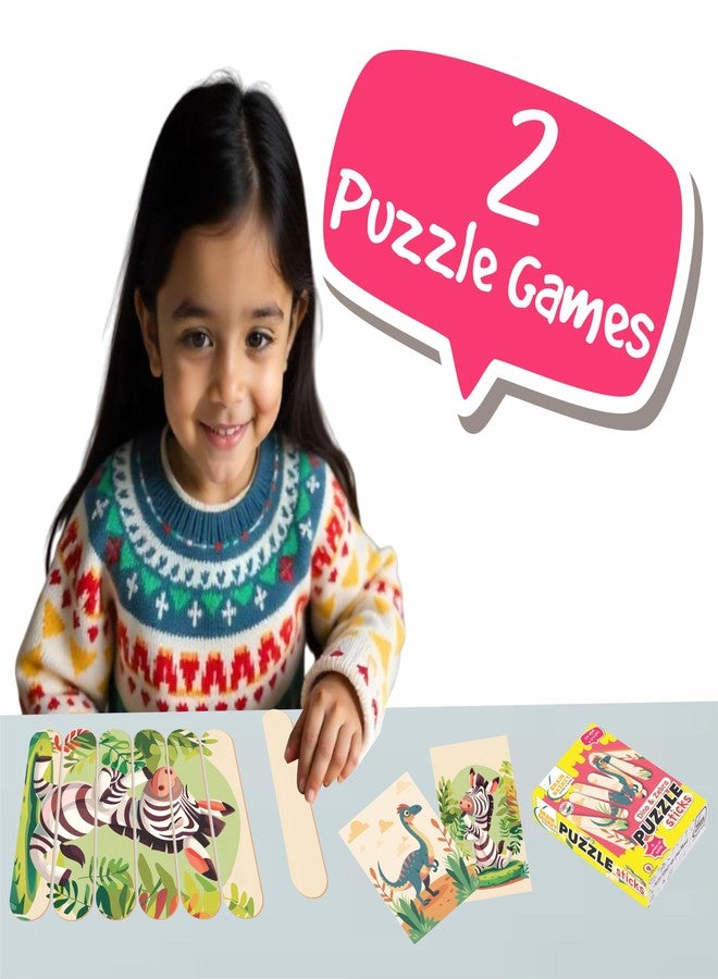 BRAIN BASKET Pack of 2 Animal Puzzle Sticks for Kids 2-4 Years | Educational Montessori Jigsaw Puzzle | Early Learnin Animal Names Dinosaur, Zebra| Puzzle & Scrabble Game for Kids - Image 3